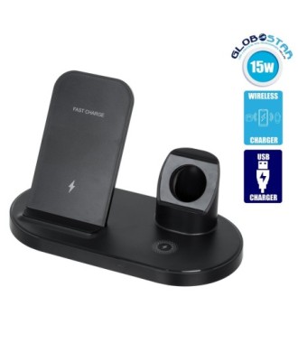 GloboStar® 79698 Επιτραπέζια Σταθερή Βάση Ασύρματης Φόρτισης Fast Charging για Κινητά - Earphones - Smart Watches 3 Καναλιών - 1 Channel 15W Max (Phone) - 2 Channel 3W (Airpod) - 3 Channel 2W (Watch)